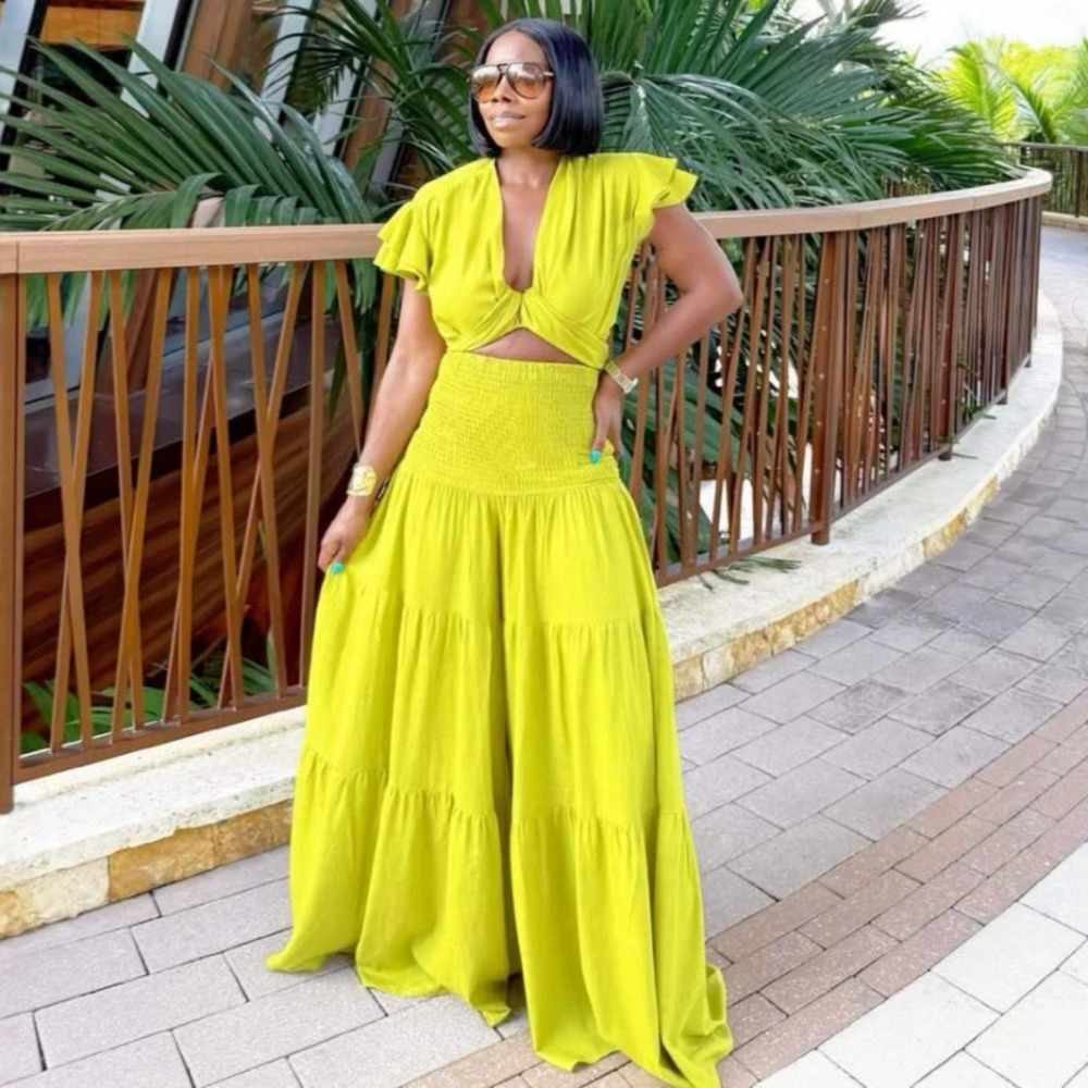 ZARA Deep V Neck Short Blouse High Waist Pleated Maxi Skirt 2 Piece Set African
